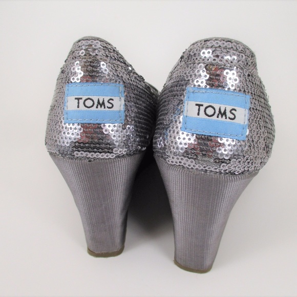 Toms 8 Wedge Peep Toe Stella Sequin Silver Dance - Picture 5 of 8